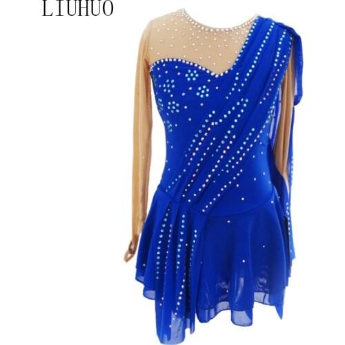 LIUHUO Ice Skating Dress Women Girls Spandex Blue Figure Skating Roller Gymnastics Skating Ballet Dress