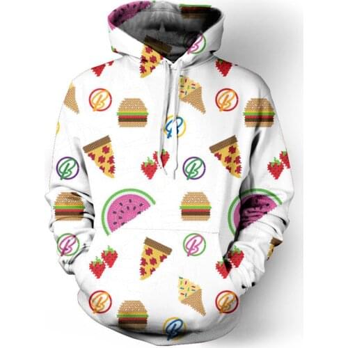 Papertiger Pizza Ice Cream Watermelon Strawberry Print White Casual Mens Hooded Sweatshirts