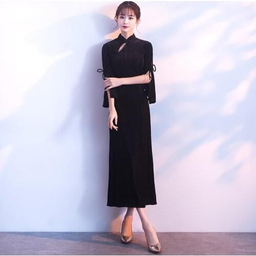 Corduroy Chinese Oriental Dresses Summer Solid Color Flare Sleeve Cheongsam Qipao Dress Midi Elegant Chinese Dresses FF1700