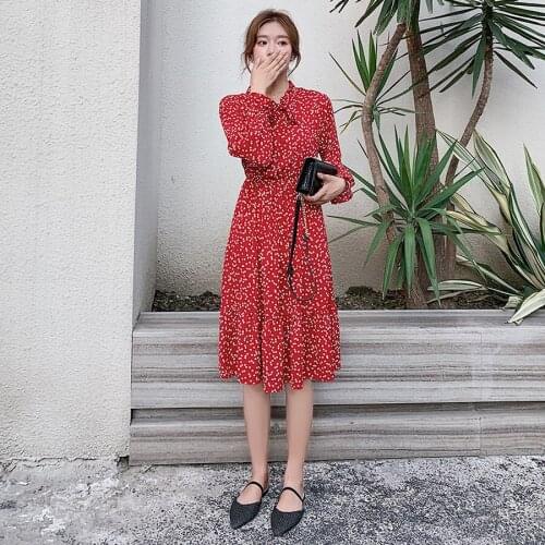 2021 Vintage Red Dot Chiffon Midi Dresses Autumn Winter Plus Size Print Long Sleeve Dress Elegant Women Bodycon Party Vestidos