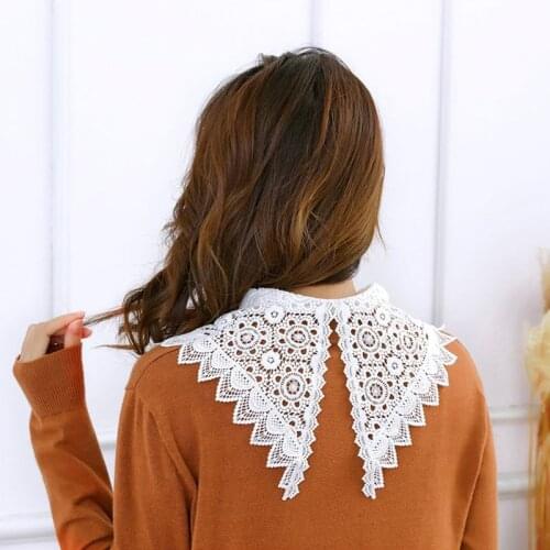 Korean Women Hollow Floral Lace Fake Collar Detachable Buttons Large Pointed Lapel Half Shirt Blouse Dress Decorative Accessory