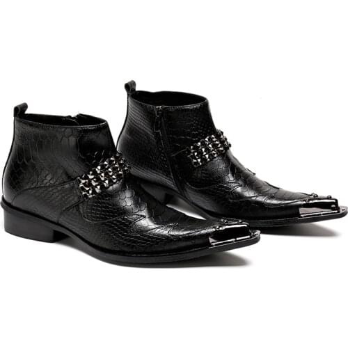 Metal Pointed Toe Embossed Leather ankle Boots Western Cowboy Personality Short Boots Punk Style Leisure Party Dress Boots