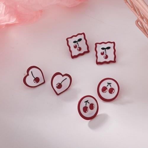 2021 Korean New Cherry Geometric Cute Lovely Heart Stud Earrings For Women Fashion Jewelry Sweet Fruit Oorbellen Brincos