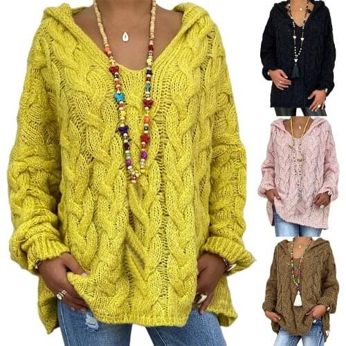 Women Autumn Solid Color Long Sleeve Braided Hooded Pullover Knitted Sweater Women Sweater 2020 Knitted Sweater Knitted Sweater