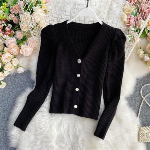 Korean Style Loose Puff Sleeve Cropped Women Sweater Fashion V-Neck Cardigan Knitted Sweater Women 2021 Spring New Female Jacket