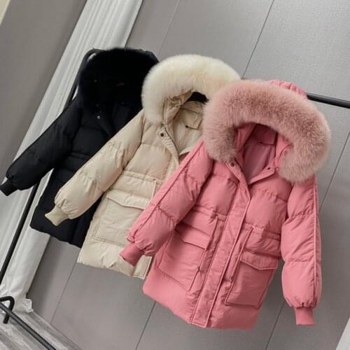 Real Natural Fox Fur Collar Women 2021 New Winter White Duck Down Coat Female Solid Puffer Jacket Oversize Hooded Thicken Parkas