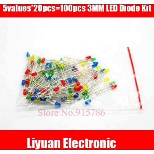 100Pcs 3MM LED Diode Kit Mixed Color Red Green Yellow Blue White 5Colors*20PCS=100PCS diode Light Assorted Kit