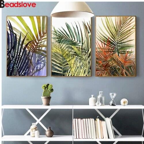 5d square round stones full diamond embroidery 3 Pcs Nordic Style Colorful Plant Leaf diamond painting mosaic hobby icon