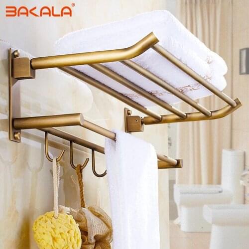 Nail Free Foldable Antique Brass Bath Towel Rack Active Bathroom Towel Holder Double Towel Shelf With Hooks Bathroom Accessories