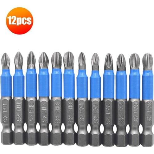 12pcs Gcr15 Phillips Bit Hex Shanked Antislip Screwdriver Bits Magnetic Single Head PH1 PZ1 PH2 PZ2 PH3 PZ3 50mm Length Tool Set