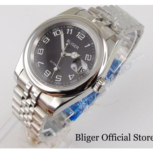 BLIGER Black Self Winding Men Watch Sapphire Glass 21 Jewels MIYOTA 8215 Movement Polished Case Oyster Strap Polished Case