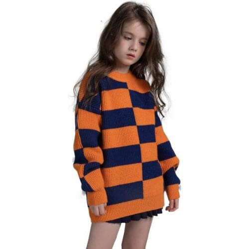 Childrens Sweater Autumn Winter Fashion Plaid Color Knit Sweater Thick Sweater Over Pullovers For Girls Sweater Kids Clothing