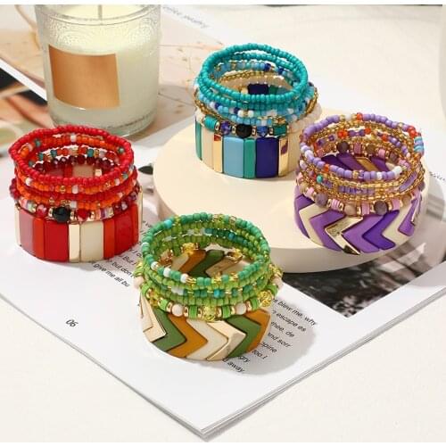 Colorful Acrylic Bohemian Charm Bracelets Set for Girls Friendship Multi-layer Seed Bead Ladies Bracelet Bangles Diy Polymerclay