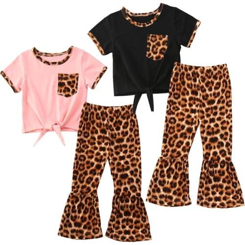 Summer Leopard Girls Cotton Sets Fashion Pink and Black Shorts+ Bell-bottom Pants Baby Clothing Set Kids Clothes Outfits
