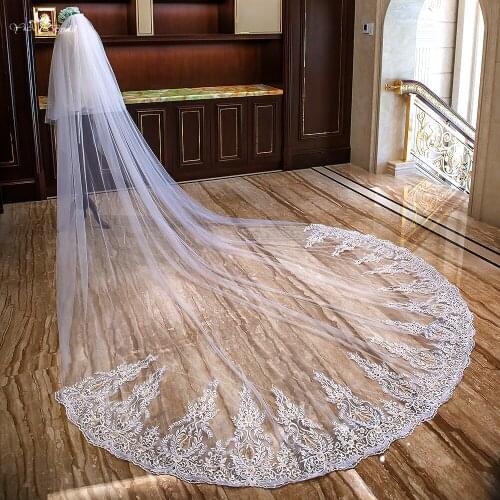 LZP315 Real picture Bridal Accessories Blusher Wedding Veil Champagne Applique Edge Bridal Veil Two Layer Cathedral Wedding Veil