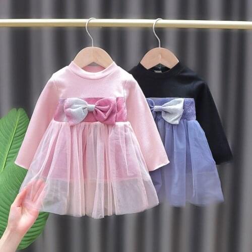 Menoea Baby Girl Princess Dress Toddler Kids Bowknot Dress Children Clothes Long Sleeve Autumn Party Clothes Outfit Vestidos