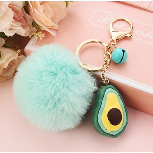 Cute Fluffy Pompom Keychain Women Girl Resin Watermelon Avocado Fruit Key Chain Faux Fur Bag Charms Pendant Key Ring Accessories