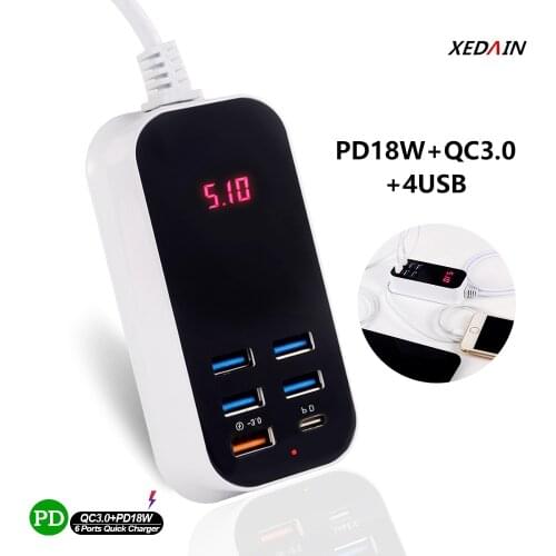 6 Ports Quick Charge QC3.0 Charger LED Digital Display PD Charger For iPhone Xiaomi Samsung Android Mobile Phone Fast Charging