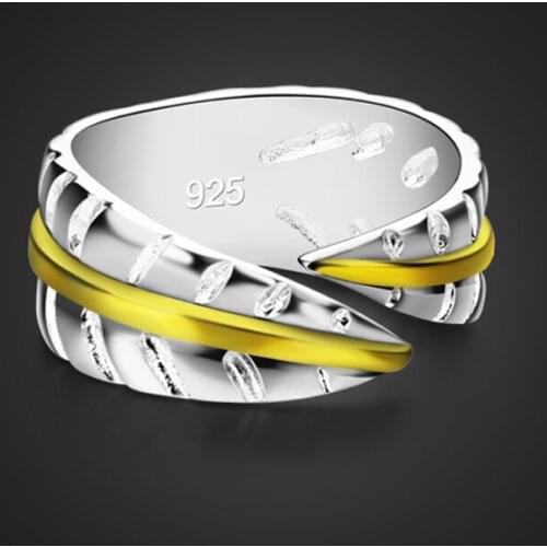 Fashion personality golden feather ring. 100% solid 925 sterling silver rings for women. Adjustable Size Ring Silver Jewelry
