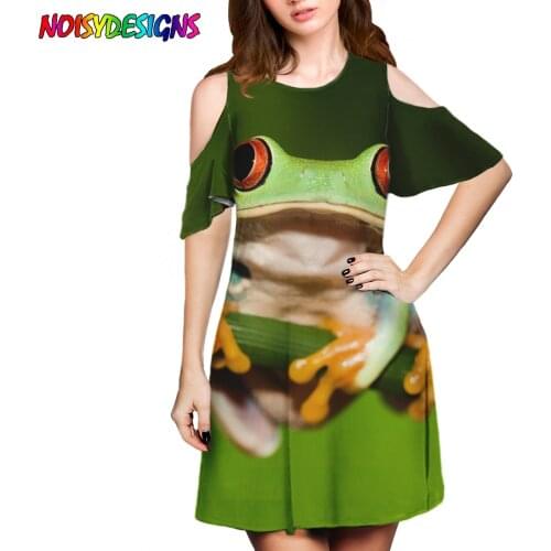 NOISYDESIGNS Fashion Frog Print Green Dress Women A Line Summer Dress Short Sleeve Dresses For Women Personality Loose Dress New