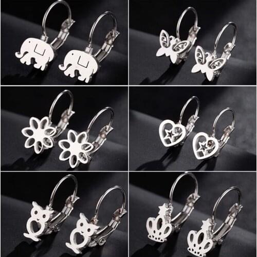 Stainless Steel Small Round Earrings For Women Cute Elephant Butterfly Love Heart Star Flower Statement Earrings 2021