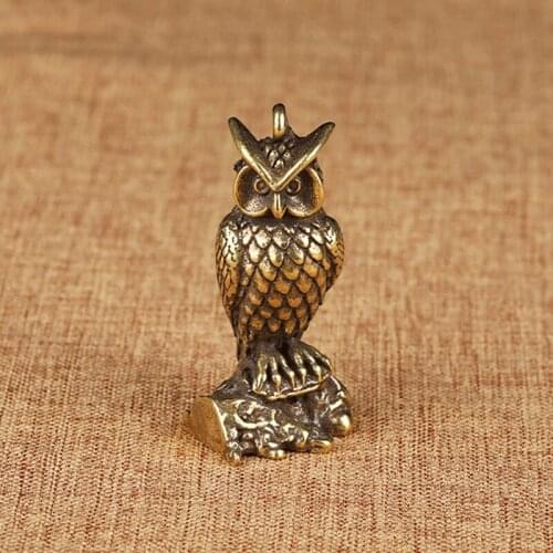 New Brass Standing Owl Figurines Miniature Home Decor Antique Copper Animal Tea Pet Desktop Ornament Crafts Pendants Keychain