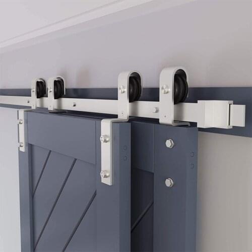 JACHOR 4-16FT Bypass Stainless Steel Sliding Door Hardware Wood Barn Door Hardware Kit J-Shaped Roller Hanging System