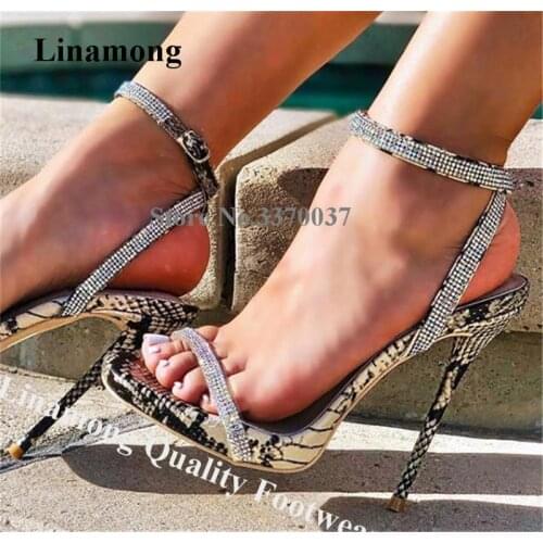 Linamong Charming Open Toe Snake Leather Rhinestone Straps Stiletto Heel Gladiator Sandals Shining Crystal High Heel Sandals