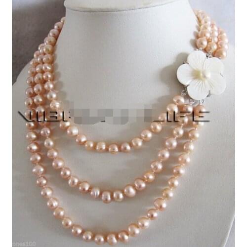 Wholesale free shipping 100% Natural jewelry 17-20" 6-8mm Peach Pink 3Row Cultured Freshwater Pearl Necklace Fashion Jewelry
