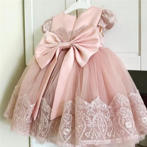 Pink Girls First Communion Dresses Vintage Lace Girls Short Sleeve Puffy Girls Ball Gowns Children 1 Years Birthday Dress Custom