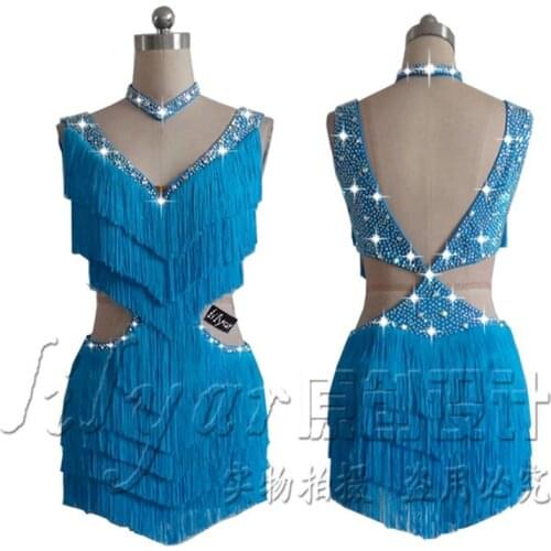 Sexy Women Latin Dance Dress Sparkly Rhinestone Fringes Salsa Skirt Lady Ballroom Competition Dresses Female Stage Dance Costume