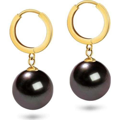 14K Gold Earrings For Women,Real Black Pearl Earrings Wedding Jewelry,Real Yellow Gold Hoop Earrings Fine Gift
