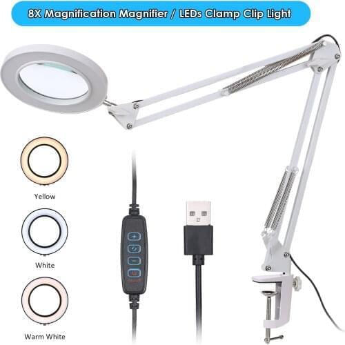 Foldable Professional 8X Magnifying Glass Desk Lamp Illuminated Magnifier LED Light Reading Lamp with 3 Dimming Modes USB Power