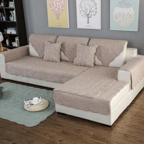 1 Piece Khaki Grey Floral Embroidery Quilted Sofa Cover for Living Room Cotton Solid Color Non-slip Sofa Furniture Couch Covers