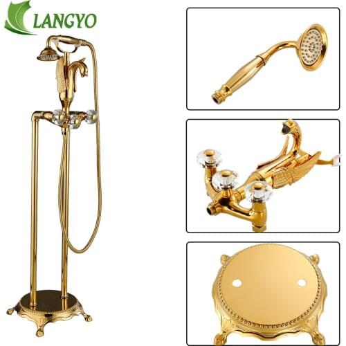 Triple Handles Bathroom Floor Mount Bathtub Freestanding Bathtub Faucet Antique Brass with Hand Shower Rotate Spout Mixers