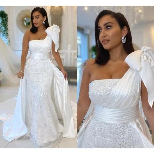 Arabic Dubai Mermaid White Evening Dress One Shoulder Formal Prom Party Gowns With Bow Satin And Sequined Overskirt Vestidos De