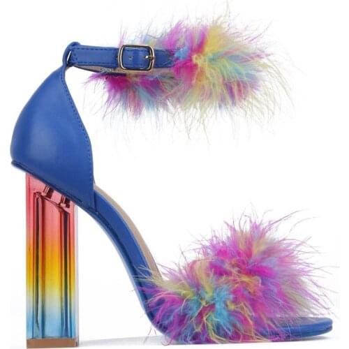 Women Fashion Colorful Stylish Furry Fur Heels Sandals