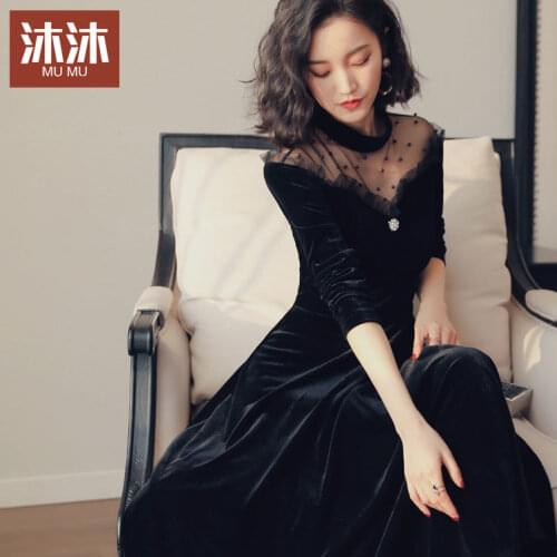 Women Dresses Gold Velvet Mesh Stitching 2021 New Spring Wear Dress Womens Beaded off-Shoulder Overknee Dress Vestido De Mujer