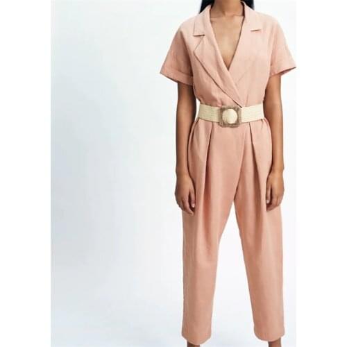 MESTTRAF Women 2021 Fashion With Belt side Pockets Solid Color Jumpsuit Retro V-Neck Short-Sleeved Jumpsuit Streetwear