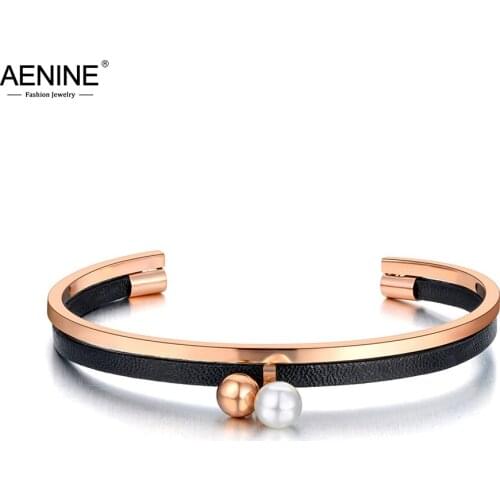 AENINE Original Design Titanium Steel Round Ball & White Pearl Charm Bracelets For Women Trendy Black Leather Bangle AB20071