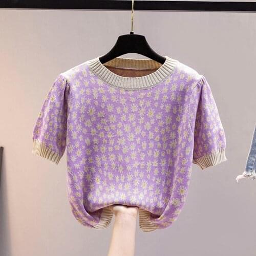 Summer Casual Thin Pullover Knitted Sweater Women Floral Print Loose Pull Femme Korean Chic Puff Sleeve Sweet Jumper Sueter Tops