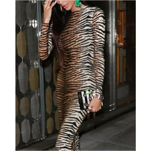 Womens Ladies Bandage Bodycon Tiger Skin Print Striped Long Sleeve Slim Party Cocktail Club Mini Dress