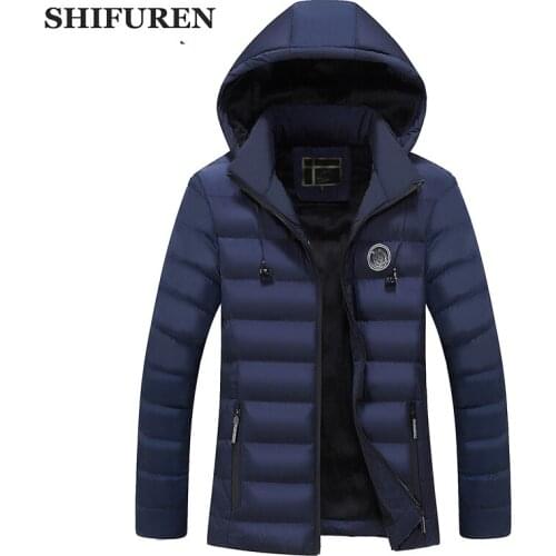 SHIFUREN Winter Warm Jacket Men New Causal Parka Coats Long Sleeve Cotton Padded Zipper Outerwear Clothing Hooded Detachable Hat