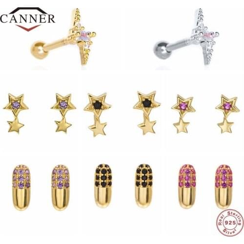 CANNER 925 Sterling Silver Small Stud Earrings For Women Colorful CZ Zircon Star & Lightning Piercing Earring Jewelry Pendientes