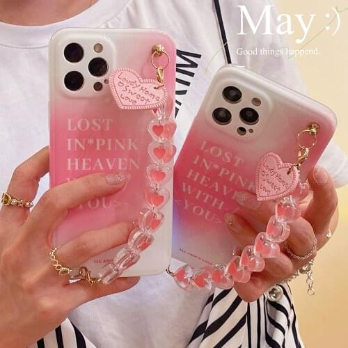 Pink Gradient Peach Bracelet Phone Cases for iPhone 12 Pro Max 11 pro max X XS XR 7 8 Plus 12mini Chain Shell Soft Cover