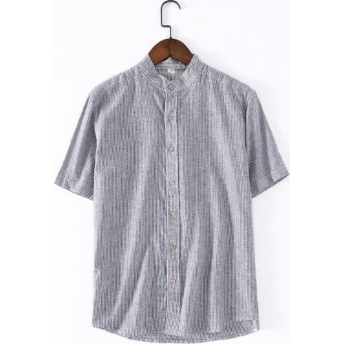 Mens Cotton Linen Shirts Short Sleeve Mandarin Collar Casual Shirt Male Dress Shirts Slim Fit Shirt Men Chemise Homme TS-353