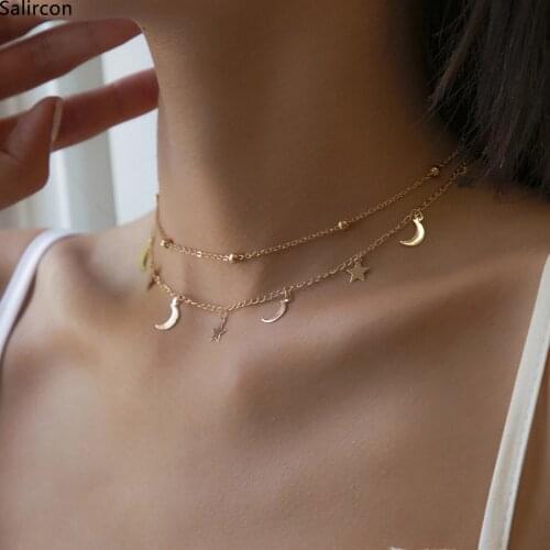 Docona Summer Beach Star Moon Tassel Necklace for Women 2021 Bohemia Butterfly Coconut Tree Multilayer Metal Necklace Jewelry