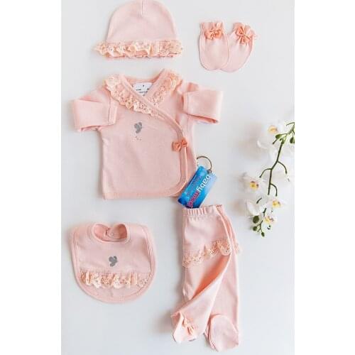 Flaneur Baby Newborn Baby Girl Pink Natural Organic 5 Piece Long Sleeve Gift Set Baby Outfit Salmon