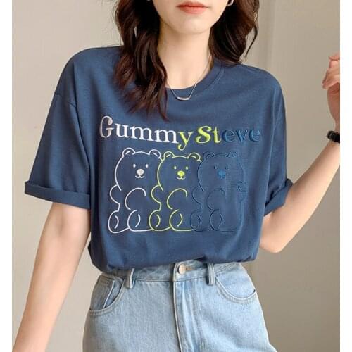 GGRIGHT 2021 Summer Short Sleeve Embroidery Female T-shirt White Tshirt Women Tops Cotton Fashion Loose Kawaii Tee Shirt Femme