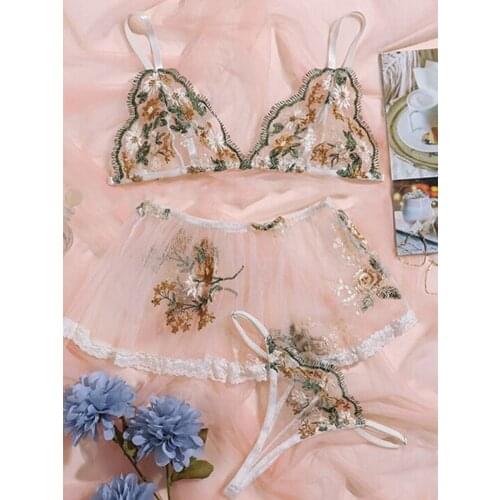 Porno Women Sexy Underwear 3PCS Erotic Lingerie Set Ladies Embrodiery Bra Set Women Bra + Thong + Skirts Set